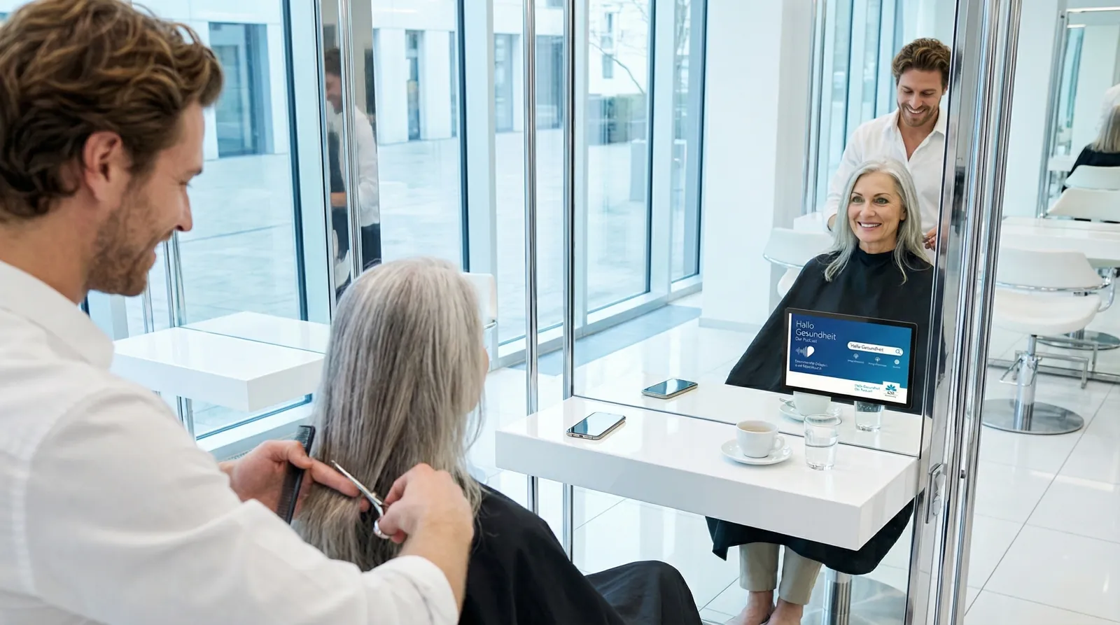 Frau, 60 im Coiffeursalon, auf dem Screen der Spot von CSS Versicherung