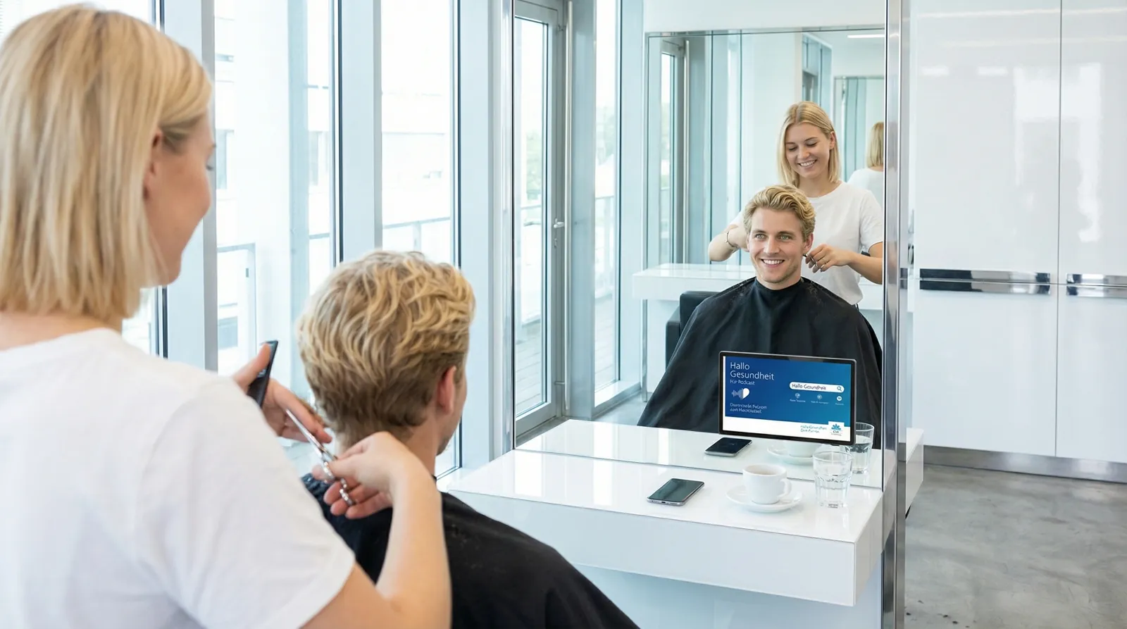 Mann, 20 im Coiffeursalon, auf dem Screen der Spot von CSS Versicherung
