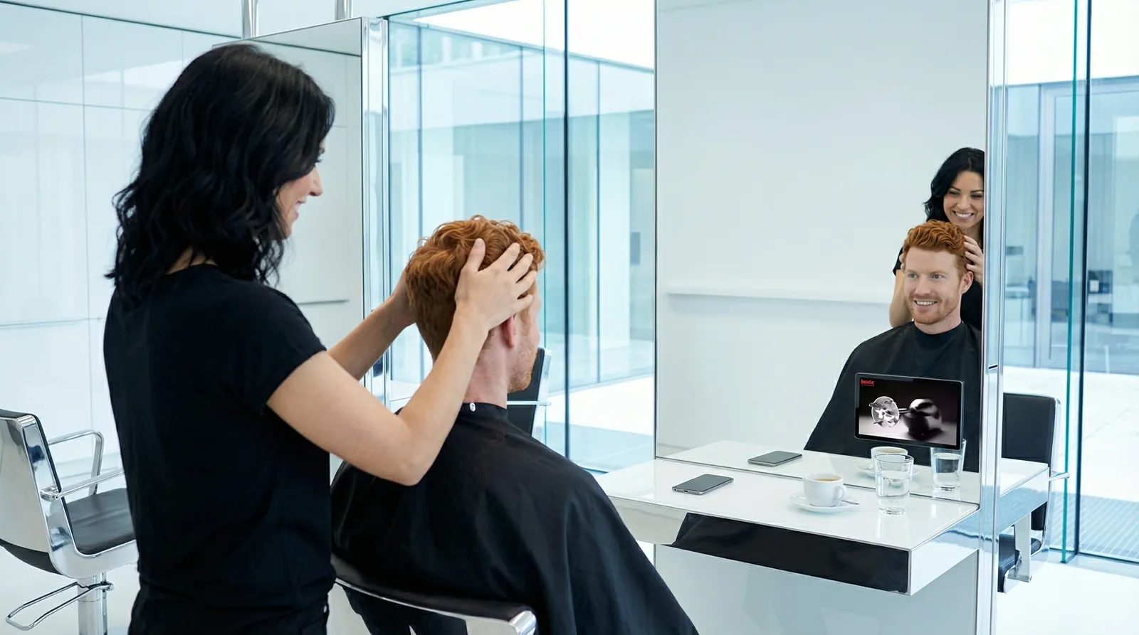 Mann, 30 im Coiffeursalon, auf dem Screen der Spot von CSS Versicherung