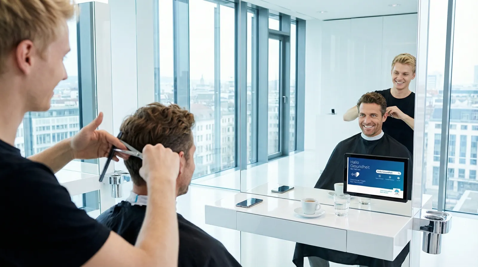 Mann, 40 im Coiffeursalon, auf dem Screen der Spot von CSS Versicherung
