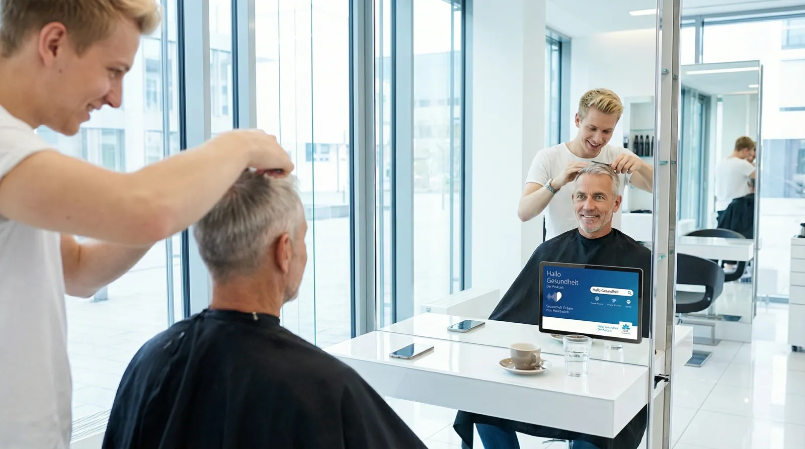 Mann, 60 im Coiffeursalon, auf dem Screen der Spot von CSS Versicherung