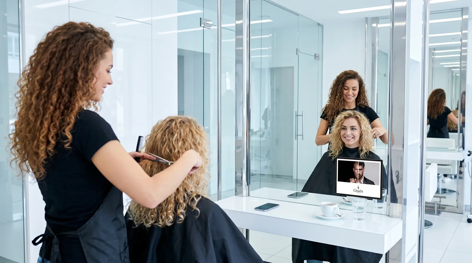 Frau, 20 im Coiffeursalon, auf dem Screen der Spot von Dermanence