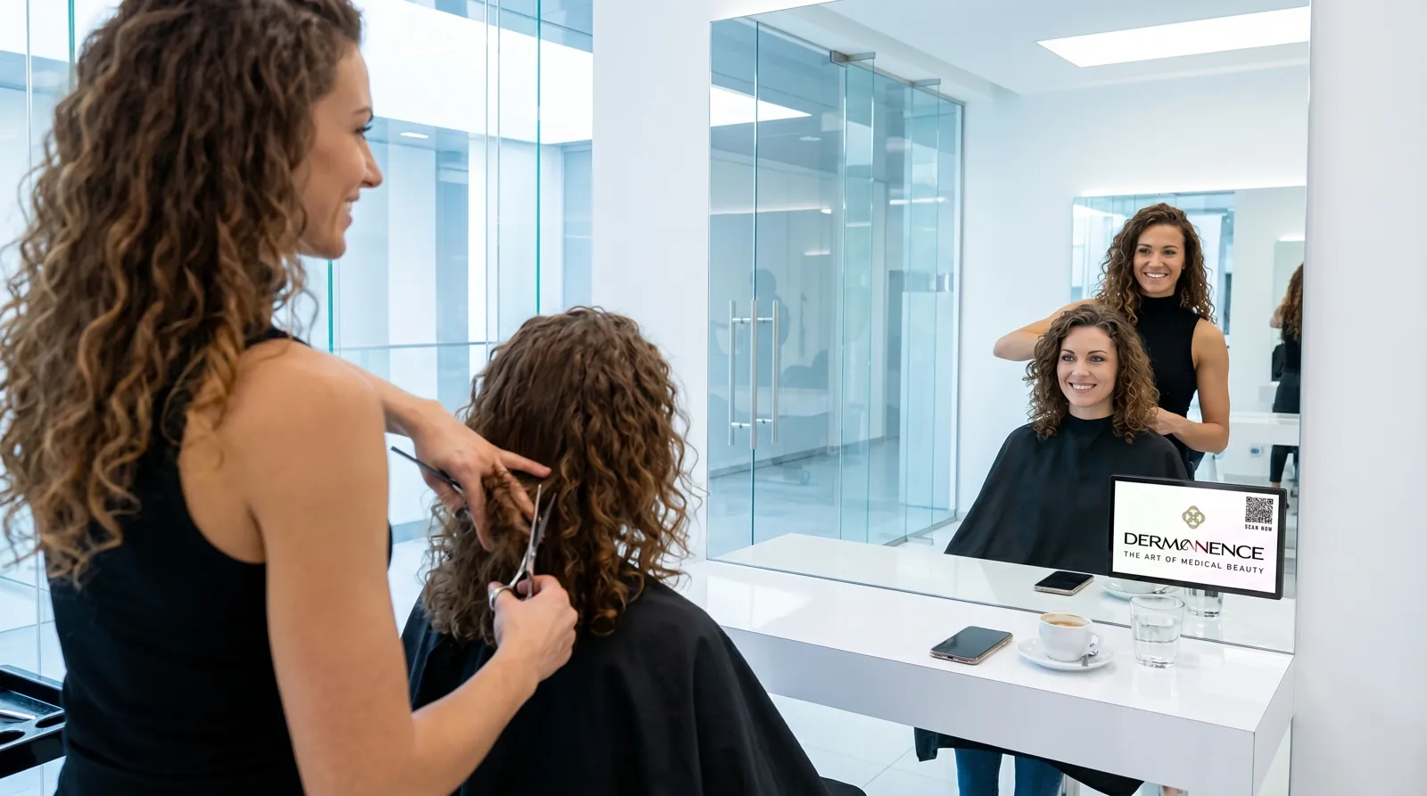 Frau, 30 im Coiffeursalon, auf dem Screen der Spot von Dermanence