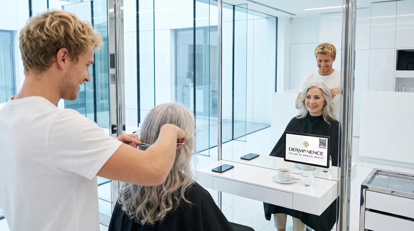 Frau, 60 im Coiffeursalon, auf dem Screen der Spot von Dermanence