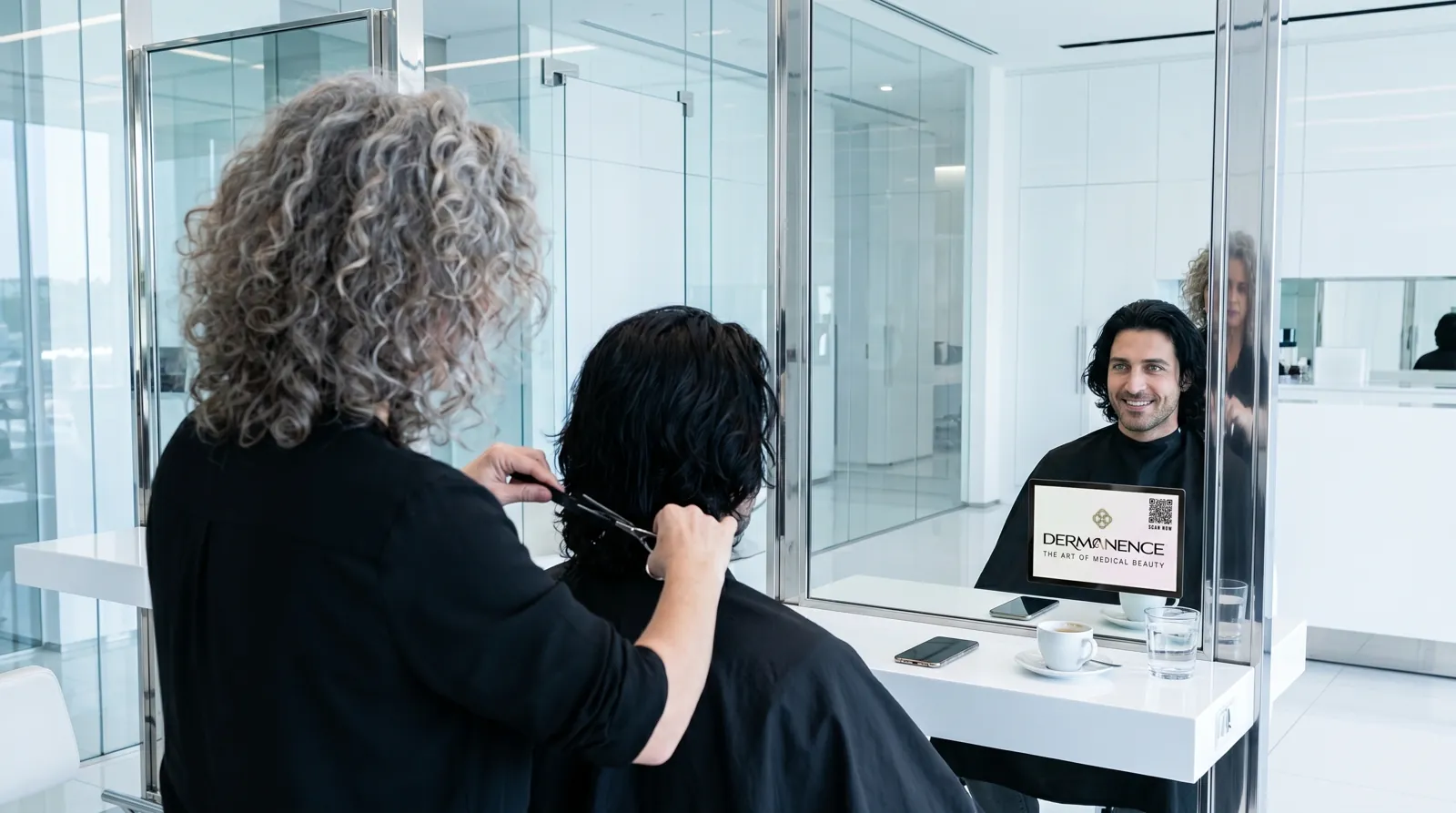 Mann, 30 im Coiffeursalon, auf dem Screen der Spot von Dermanence