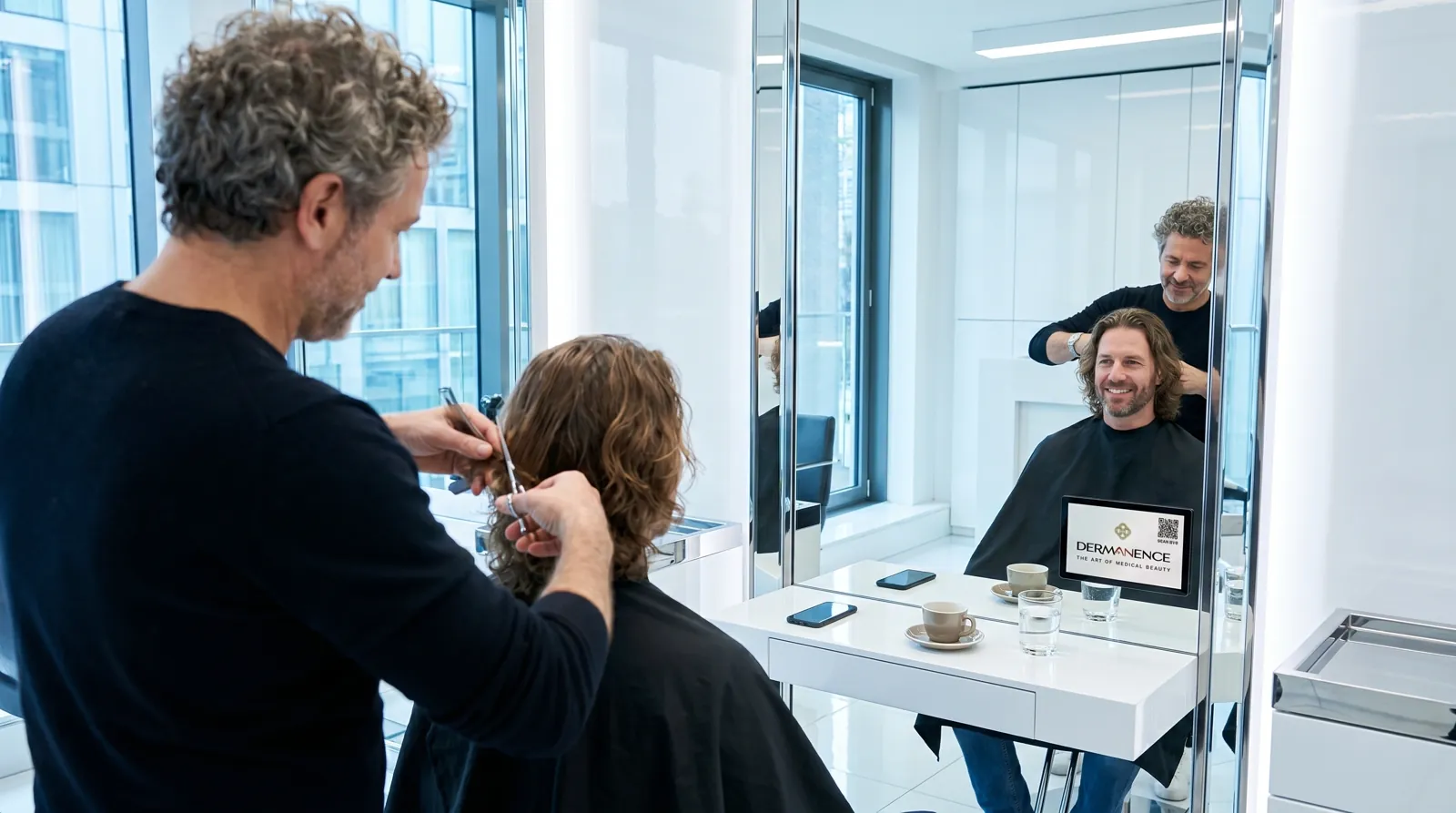 Mann, 40 im Coiffeursalon, auf dem Screen der Spot von Dermanence
