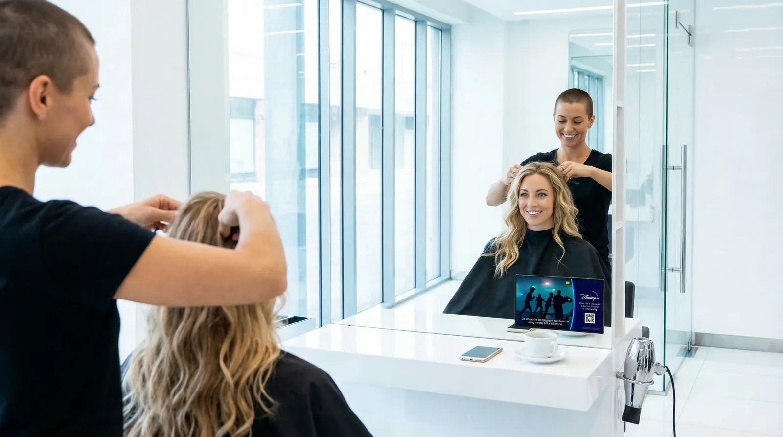 Frau, 20 im Coiffeursalon, auf dem Screen der Spot von Disney