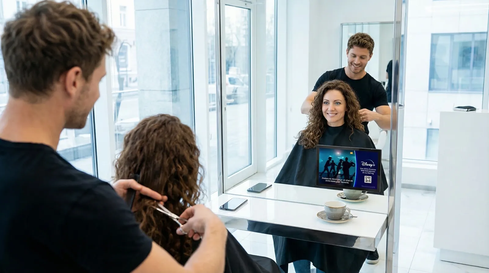 Frau, 40 im Coiffeursalon, auf dem Screen der Spot von Disney