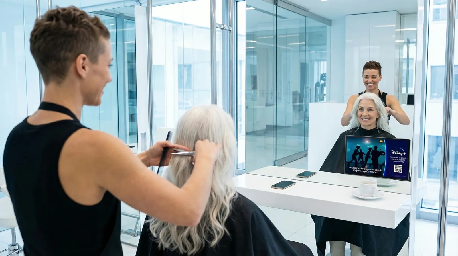 Frau, 50 im Coiffeursalon, auf dem Screen der Spot von Disney