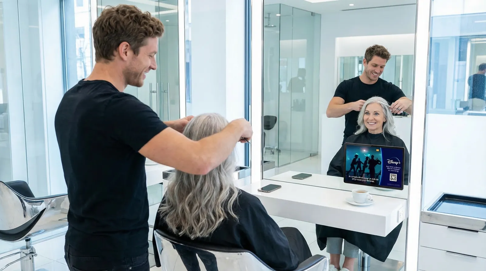Frau, 60 im Coiffeursalon, auf dem Screen der Spot von Disney