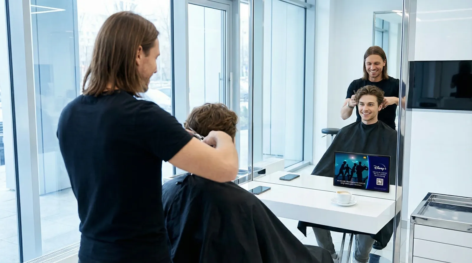 Mann, 20 im Coiffeursalon, auf dem Screen der Spot von Disney