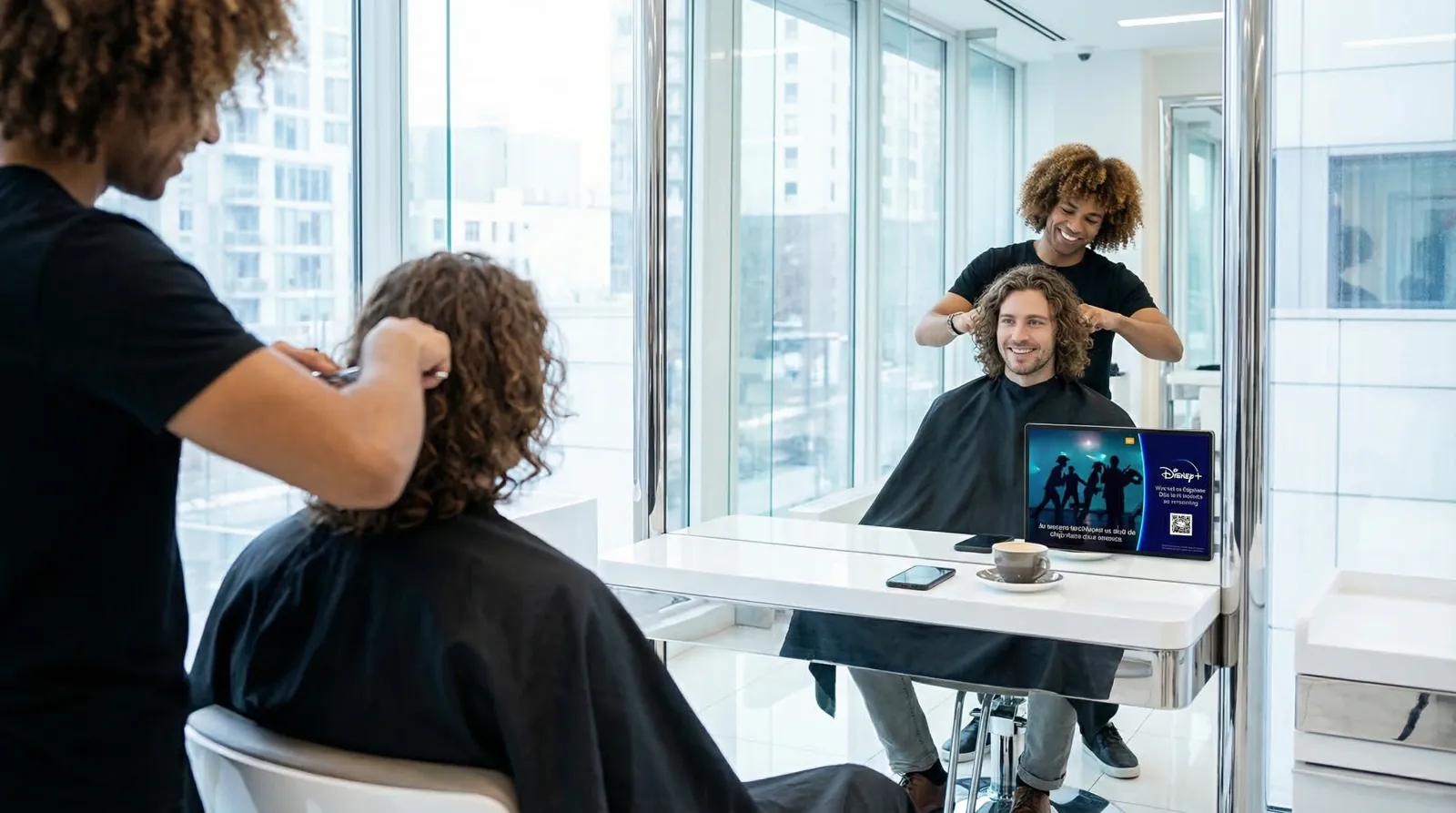Mann, 30 im Coiffeursalon, auf dem Screen der Spot von Disney