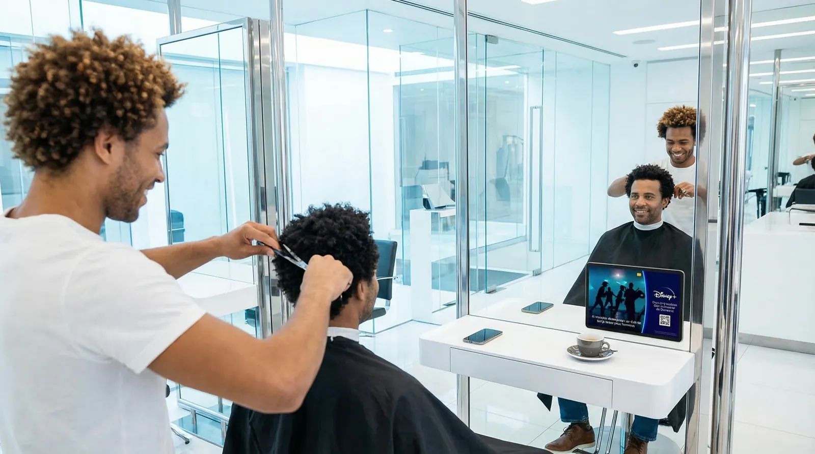 Mann, 40 im Coiffeursalon, auf dem Screen der Spot von Disney