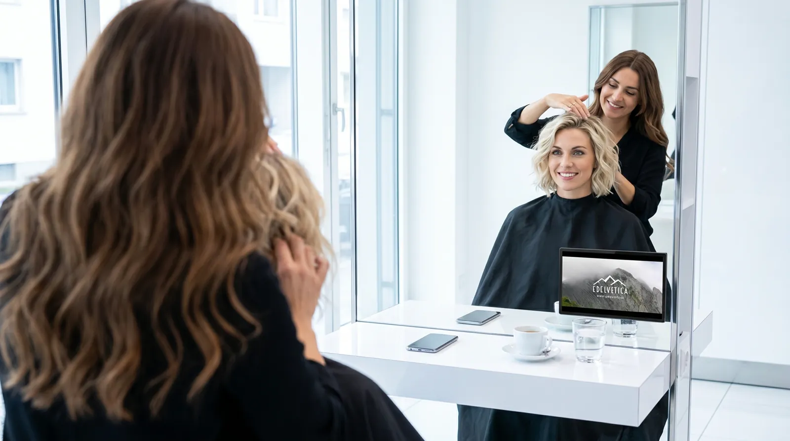 Frau, 30 im Coiffeursalon, auf dem Screen die Werbung von Edelvetica