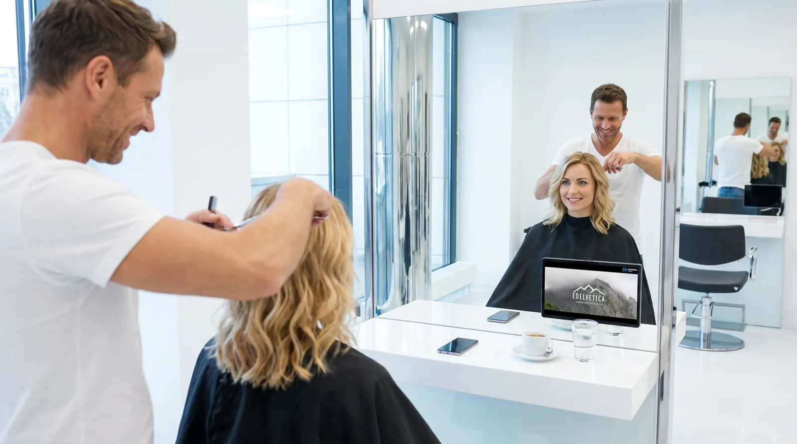 Frau, 40 im Coiffeursalon, auf dem Screen die Werbung von Edelvetica