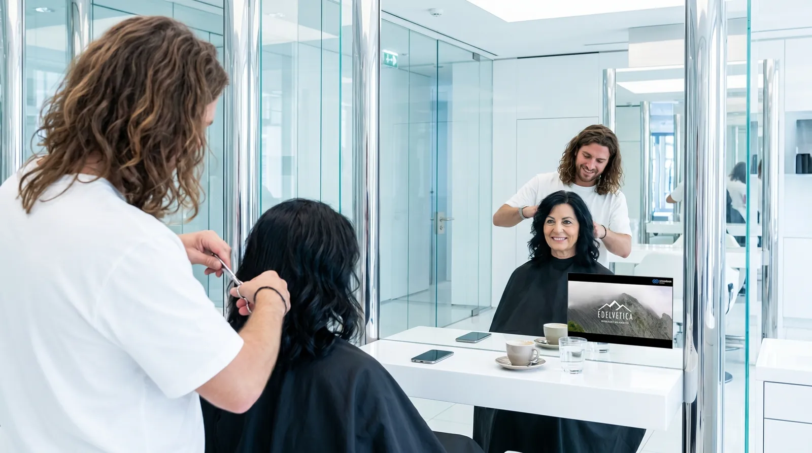 Frau, 50 im Coiffeursalon, auf dem Screen die Werbung von Edelvetica