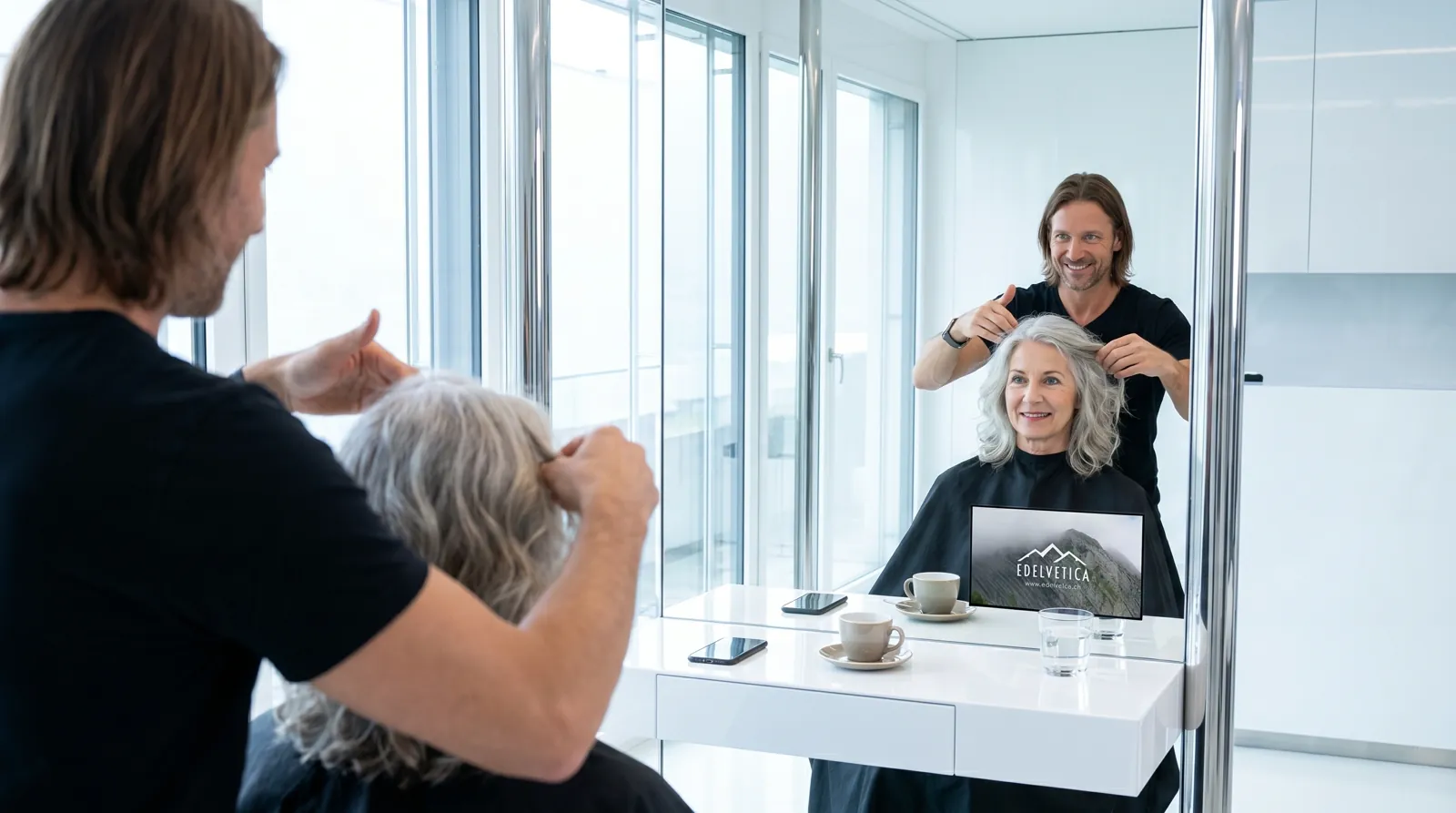 Frau, 60 im Coiffeursalon, auf dem Screen die Werbung von Edelvetica