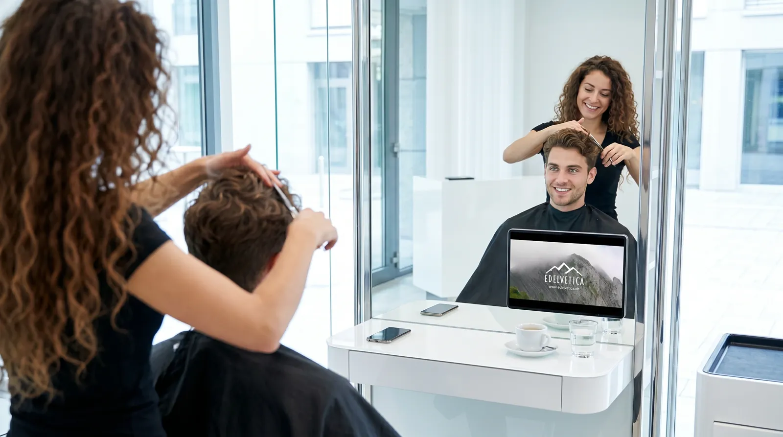 Mann, 20 im Coiffeursalon, auf dem Screen die Werbung von Edelvetica