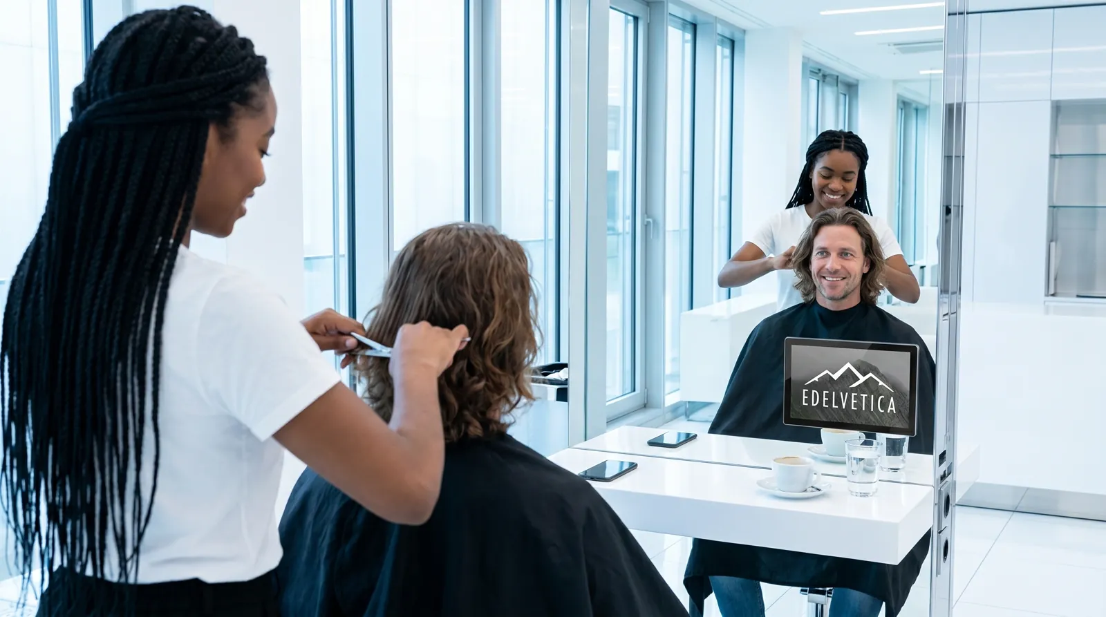Mann, 30 im Coiffeursalon, auf dem Screen der Spot von Edelvetica