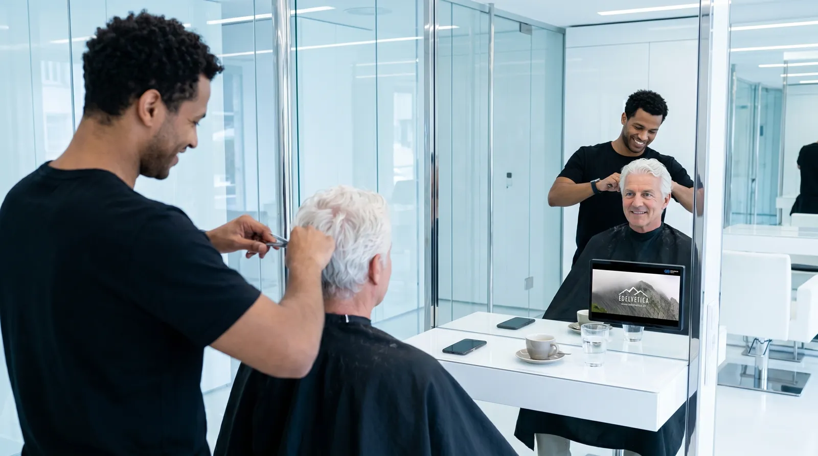 Mann, 60 im Coiffeursalon, auf dem Screen der Spot von Edelvetica