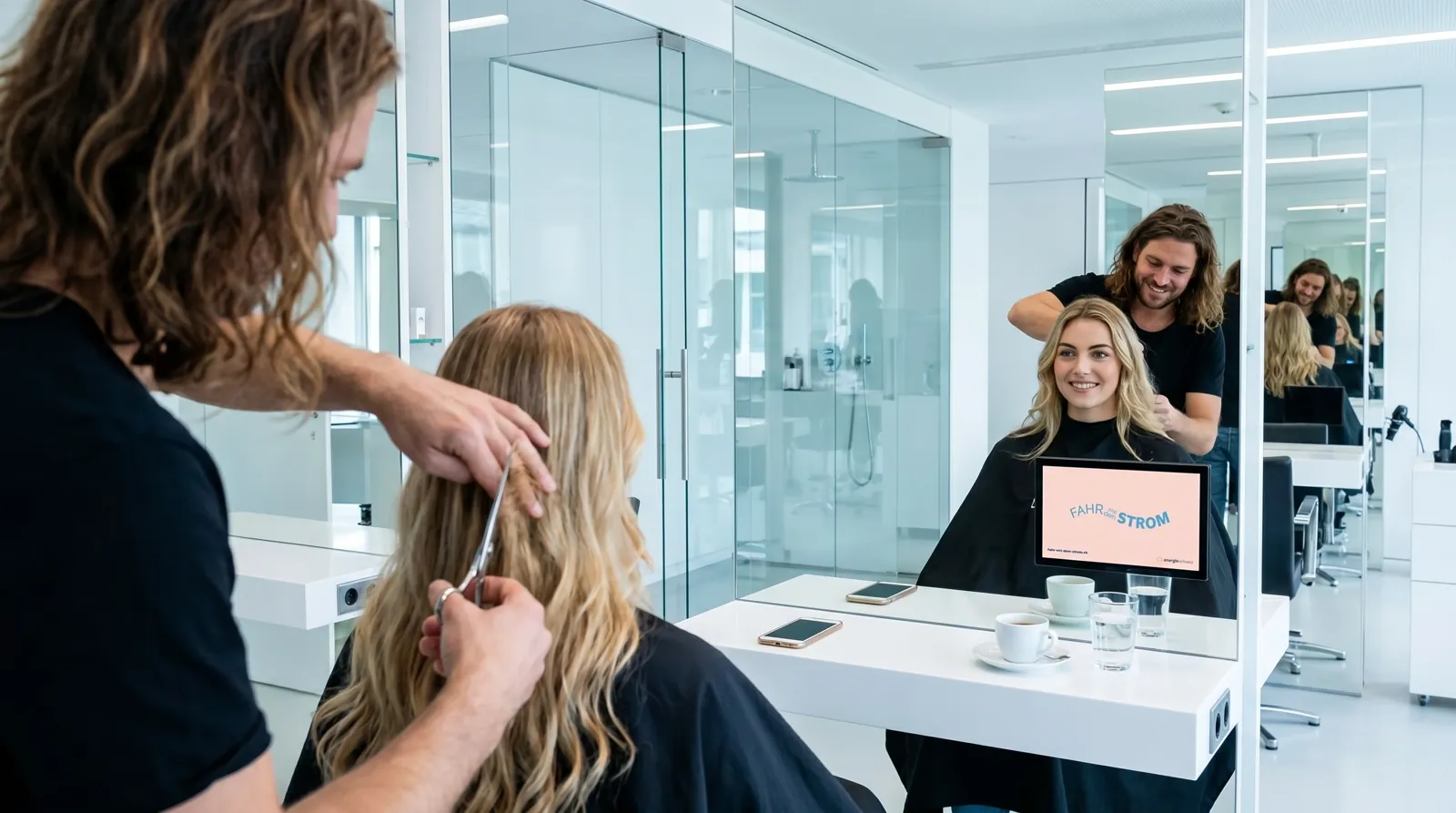 Frau, 20 im Coiffeursalon, auf dem Screen der Spot von Energie Schweiz