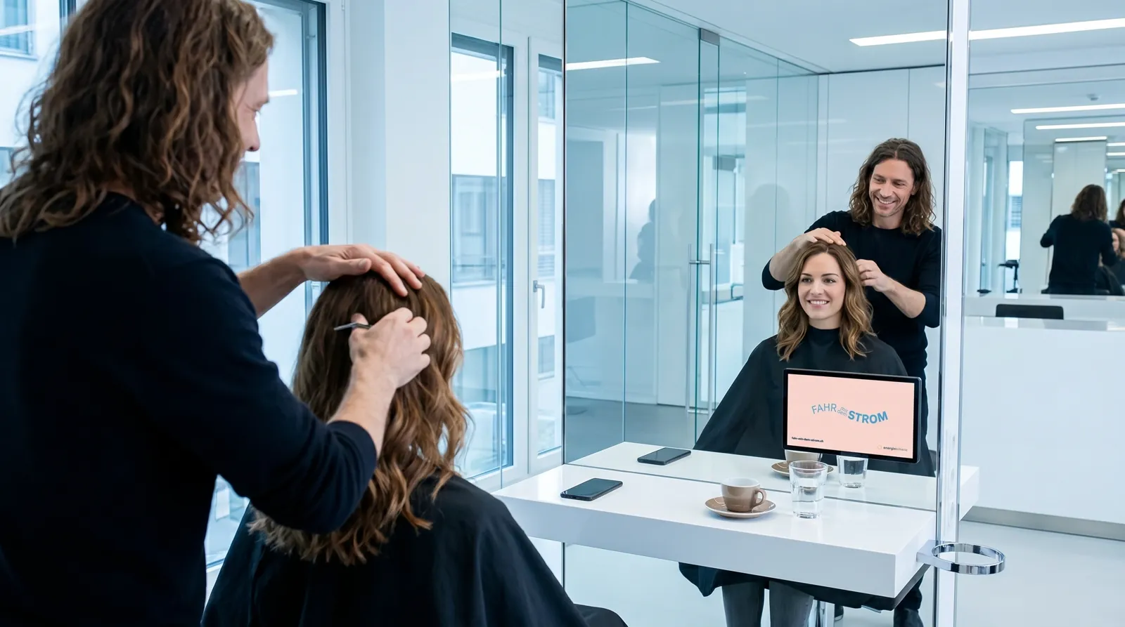 Frau, 30 im Coiffeursalon, auf dem Screen der Spot von Energie Schweiz