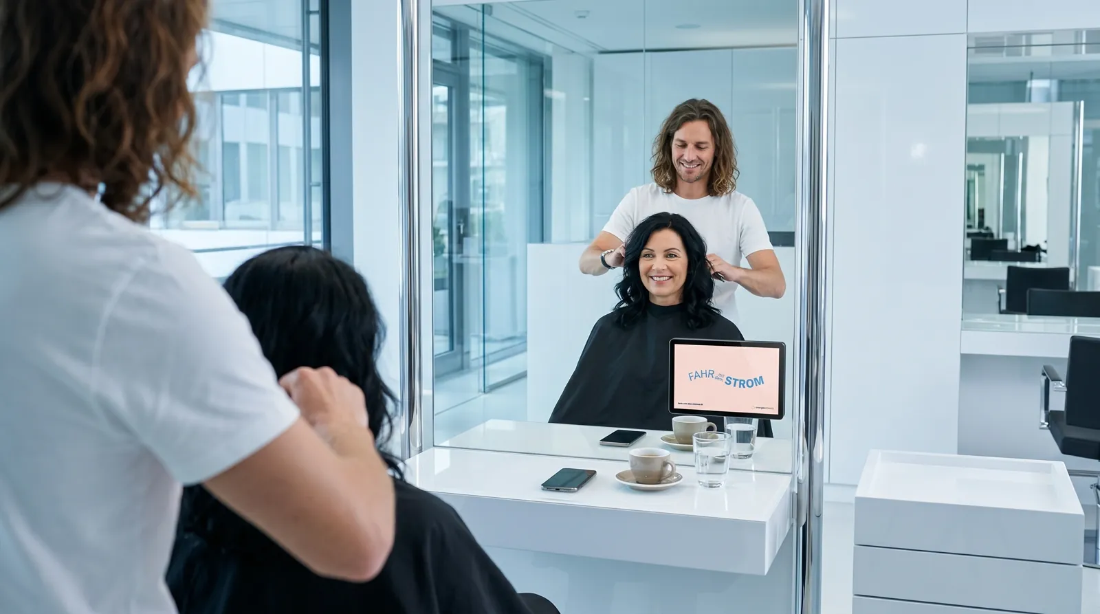 Frau, 40 im Coiffeursalon, auf dem Screen der Spot von Energie Schweiz