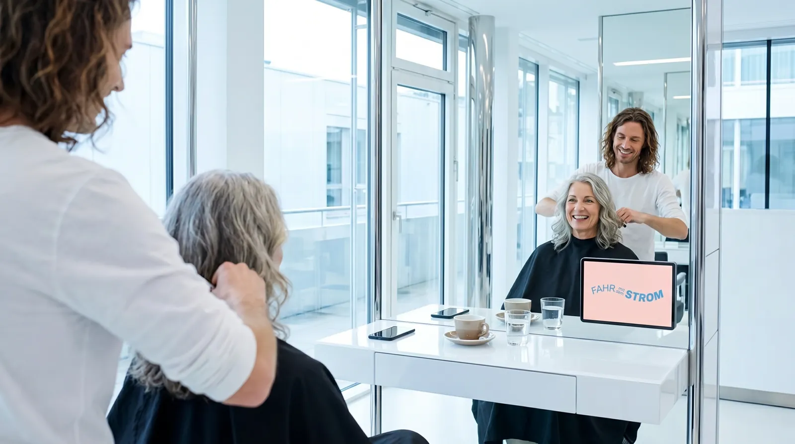 Frau, 60 im Coiffeursalon, auf dem Screen der Spot von Energie Schweiz