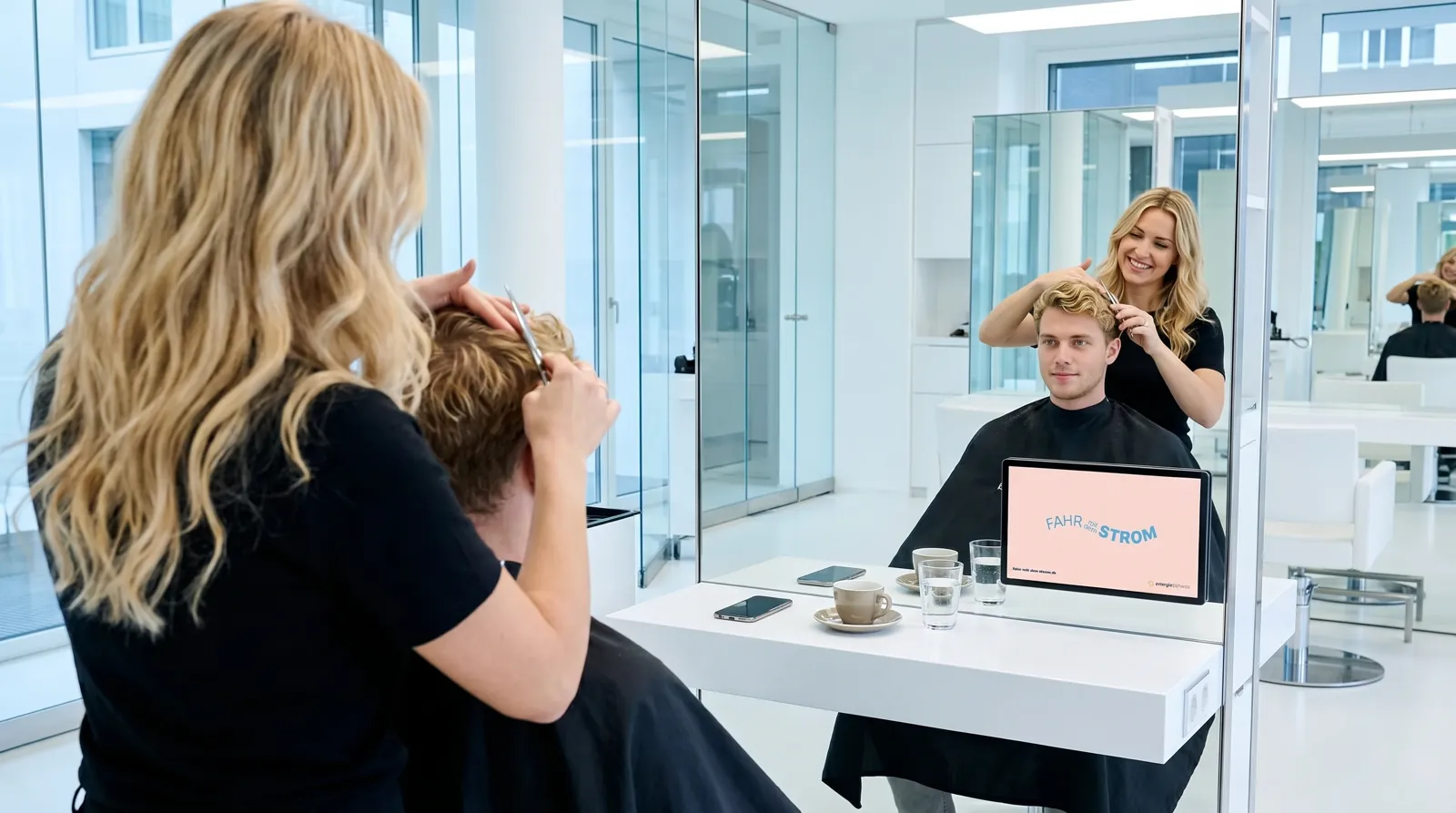 Mann, 20 im Coiffeursalon, auf dem Screen der Spot von Energie Schweiz