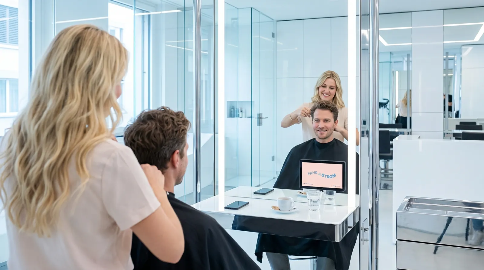 Mann, 30 im Coiffeursalon, auf dem Screen der Spot von Energie Schweiz