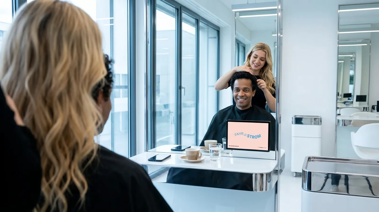 Mann, 40 im Coiffeursalon, auf dem Screen der Spot von Energie Schweiz