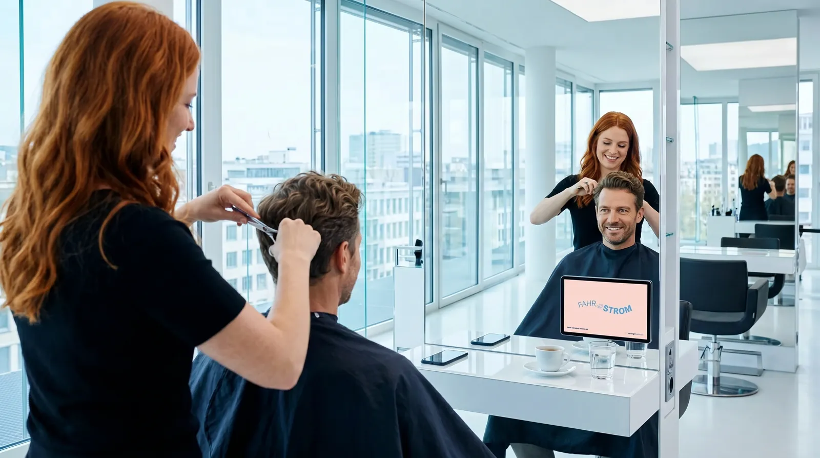 Mann, 50 im Coiffeursalon, auf dem Screen der Spot von Energie Schweiz