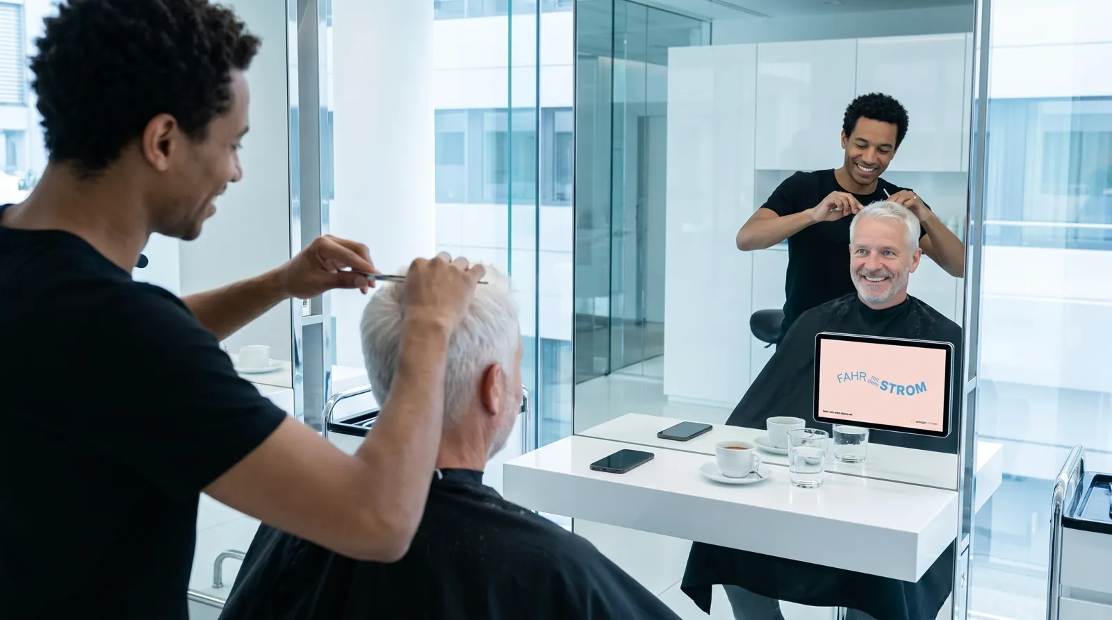 Mann, 60 im Coiffeursalon, auf dem Screen der Spot von Energie Schweiz