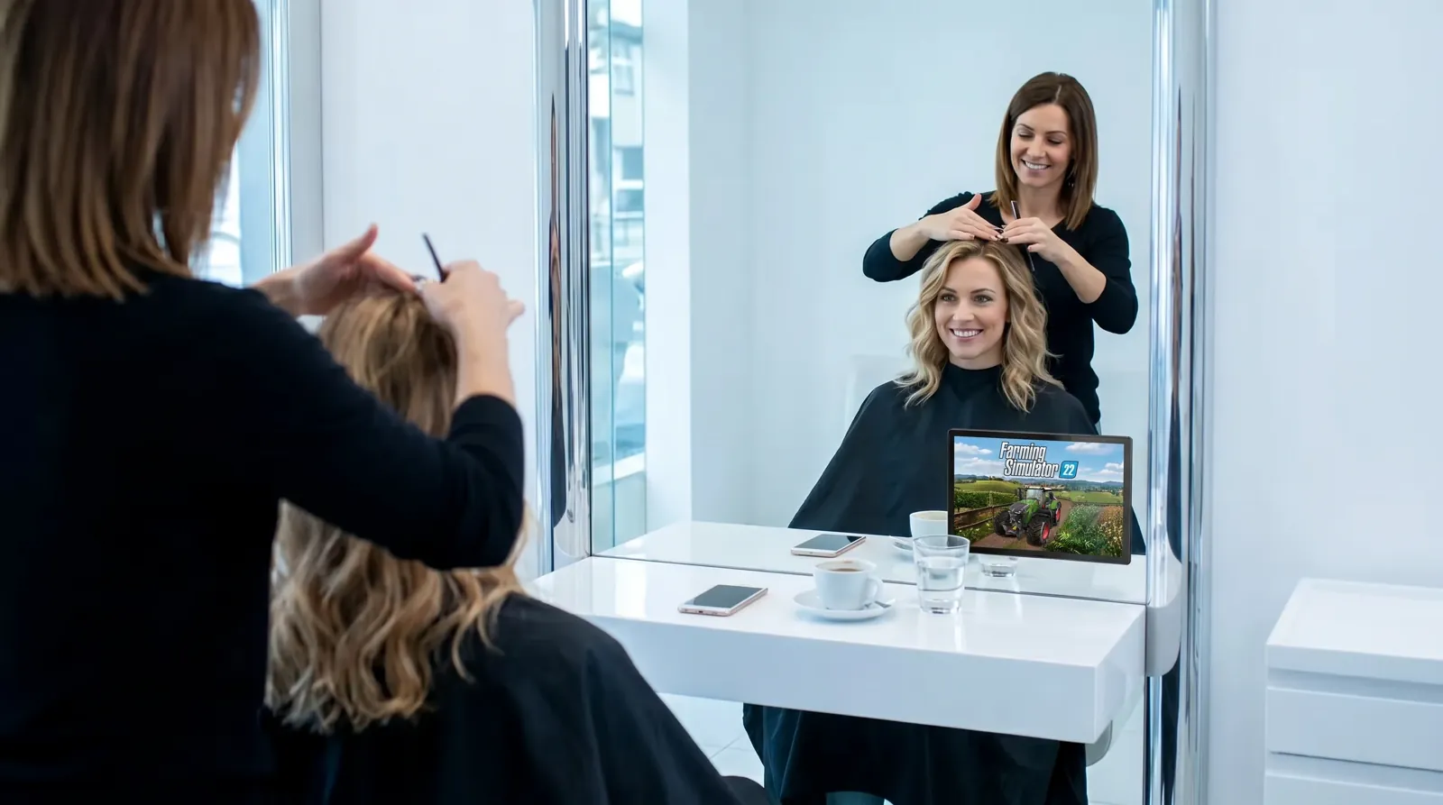 Frau, 20 im Coiffeursalon, auf dem Screen die Werbung von Farming Simulator