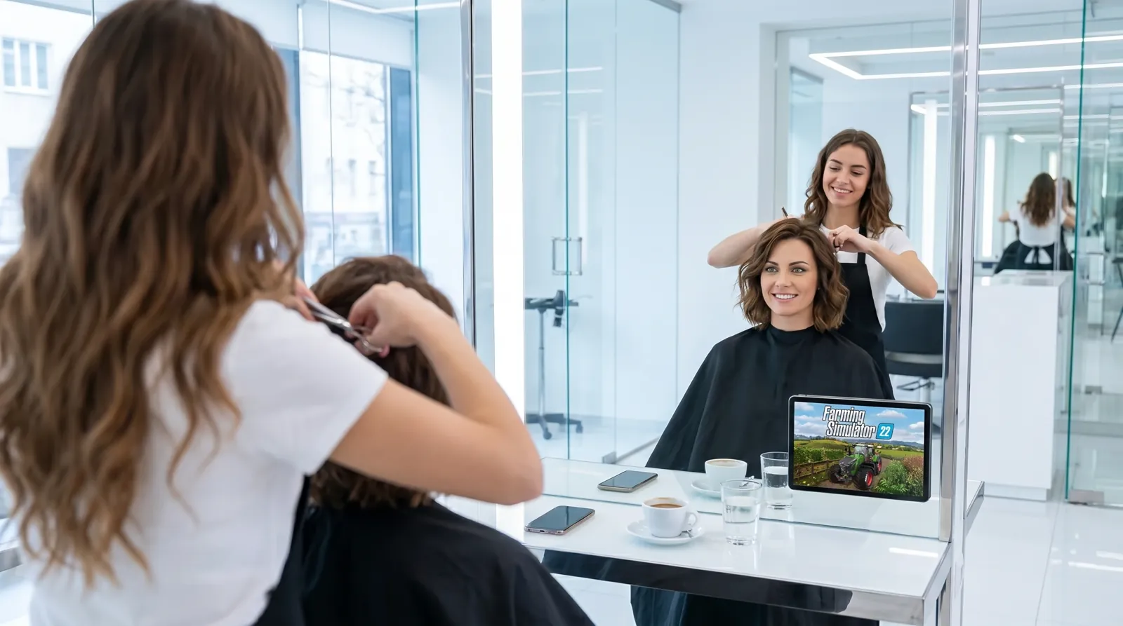 Frau, 40 im Coiffeursalon, auf dem Screen die Werbung von Farming Simulator