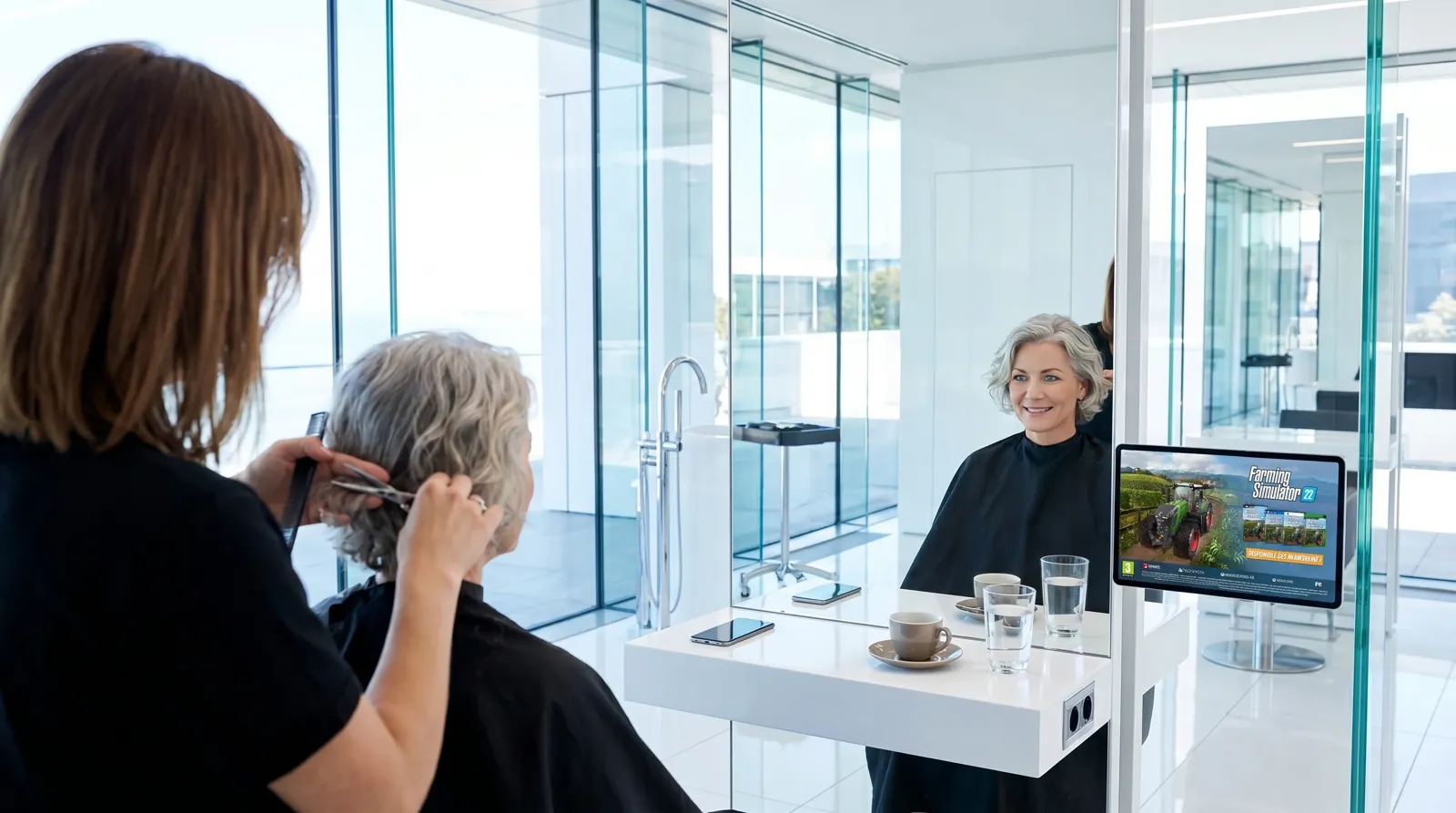 Frau, 60 im Coiffeursalon, auf dem Screen die Werbung von Farming Simulator