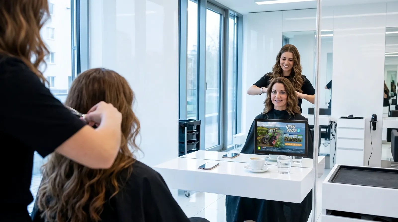 Mann, 40 im Coiffeursalon, auf dem Screen der Spot von Farming Simulator