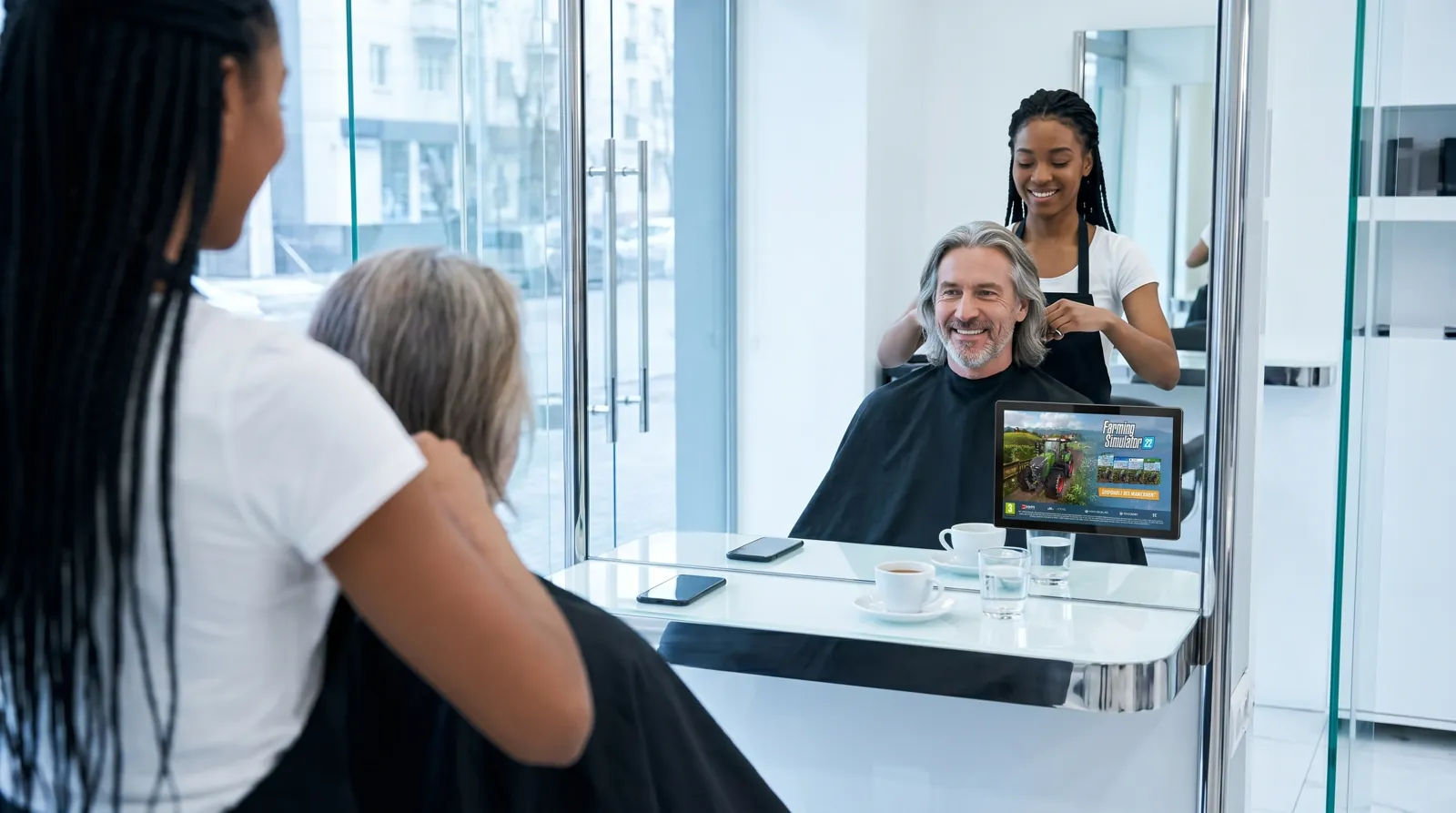 Mann, 60 im Coiffeursalon, auf dem Screen der Spot von Farming Simulator