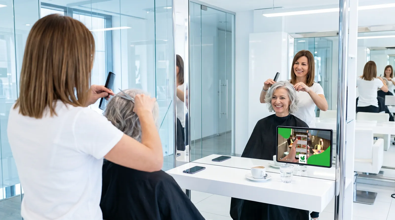 Frau, 40 im Coiffeursalon, auf dem Screen die Werbung von Farmy