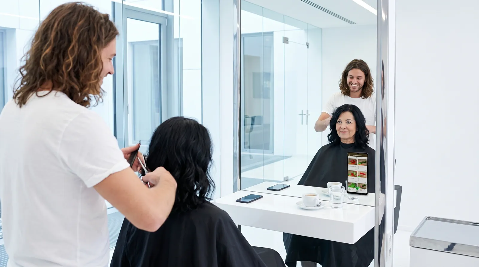 Frau, 50 im Coiffeursalon, auf dem Screen die Werbung von Farmy