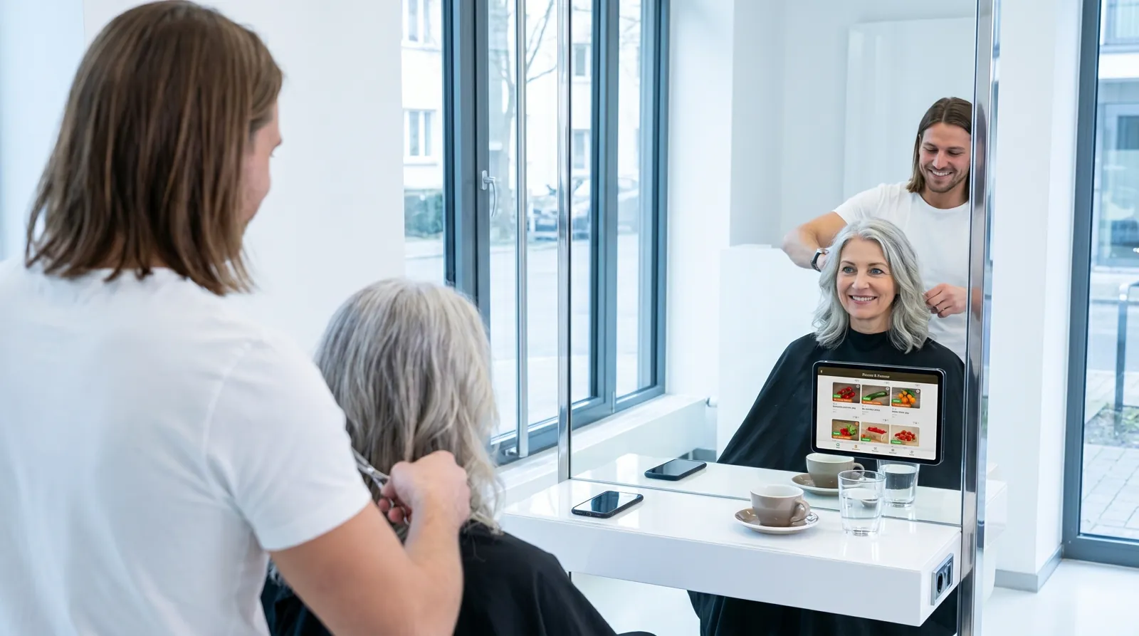 Frau, 60 im Coiffeursalon, auf dem Screen die Werbung von Farmy