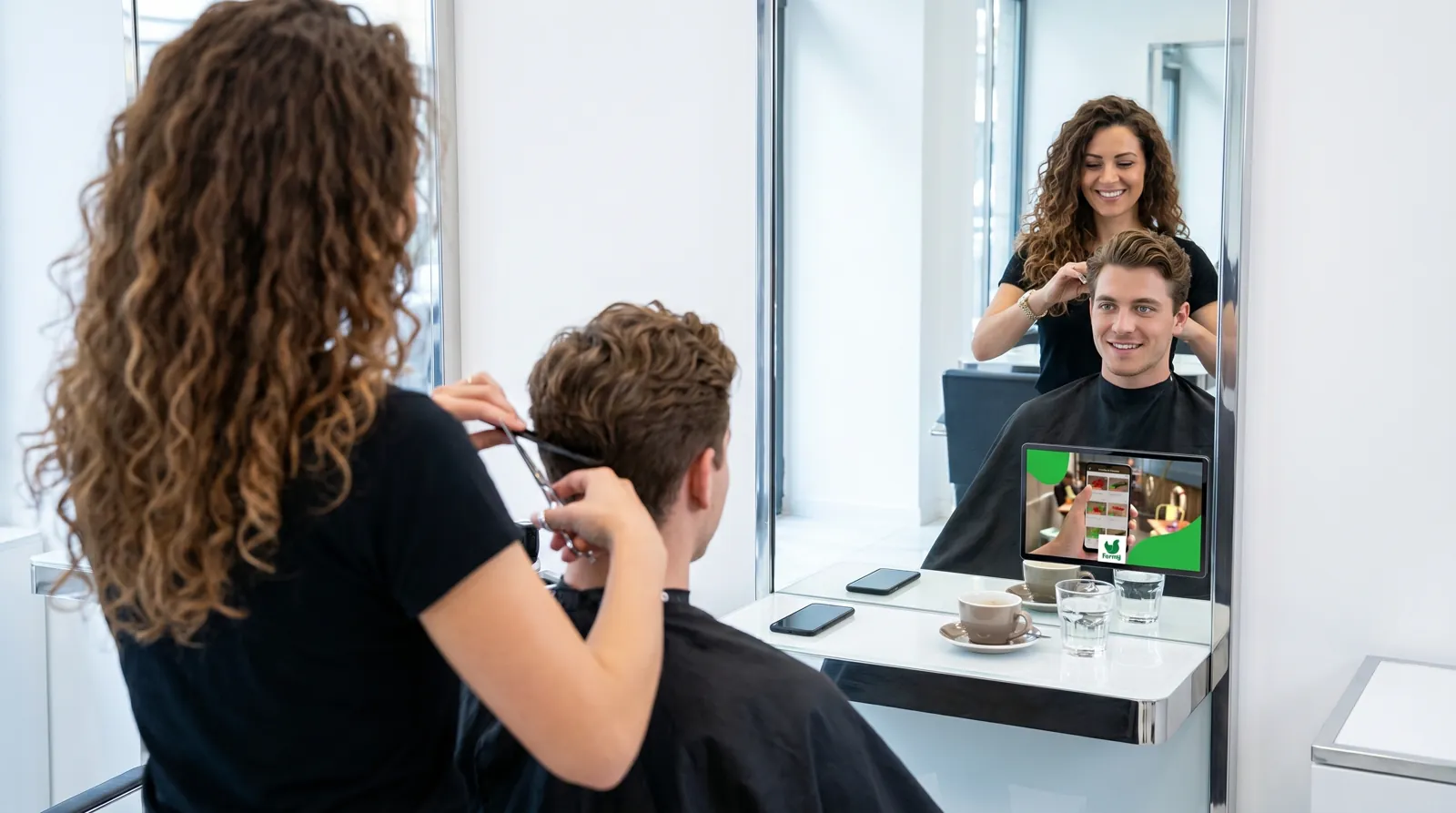 Mann, 20 im Coiffeursalon, auf dem Screen die Werbung von Farmy
