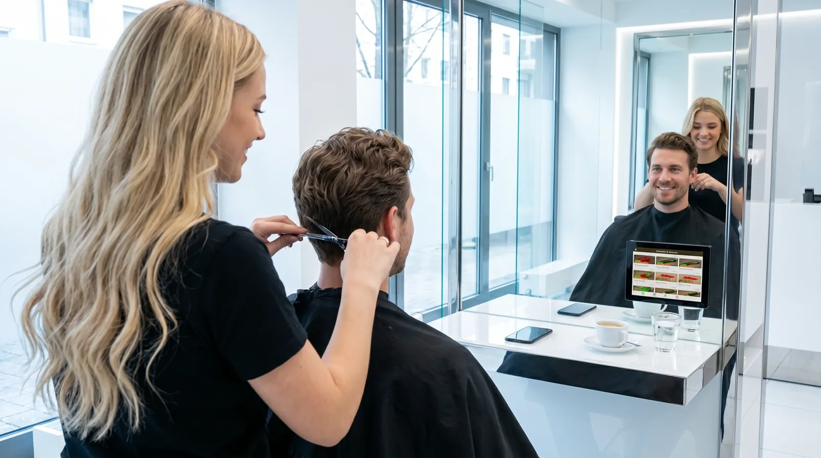 Mann, 40 im Coiffeursalon, auf dem Screen der Spot von Farmy
