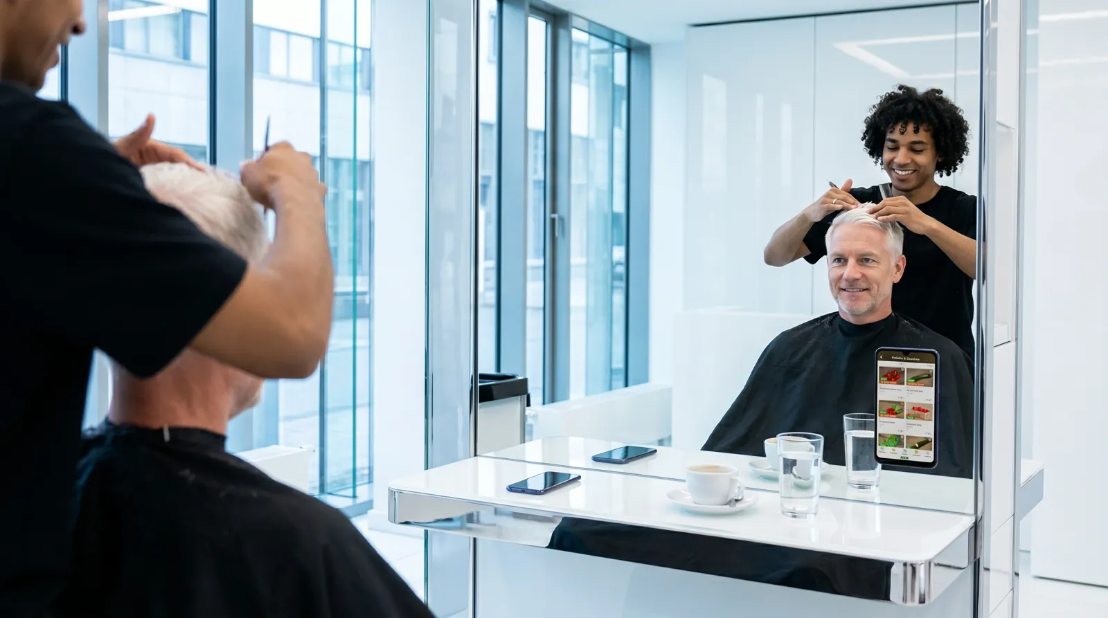 Mann, 50 im Coiffeursalon, auf dem Screen der Spot von Farmy