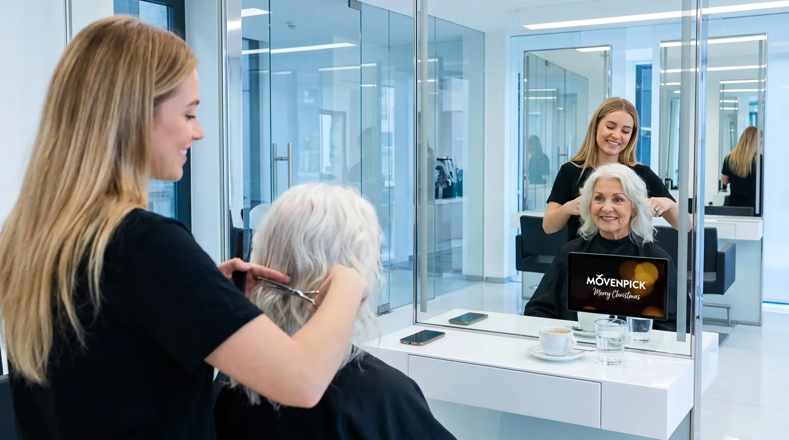 Frau, 60 im Coiffeursalon, auf dem Screen der Spot von Froneri / Mövenpick