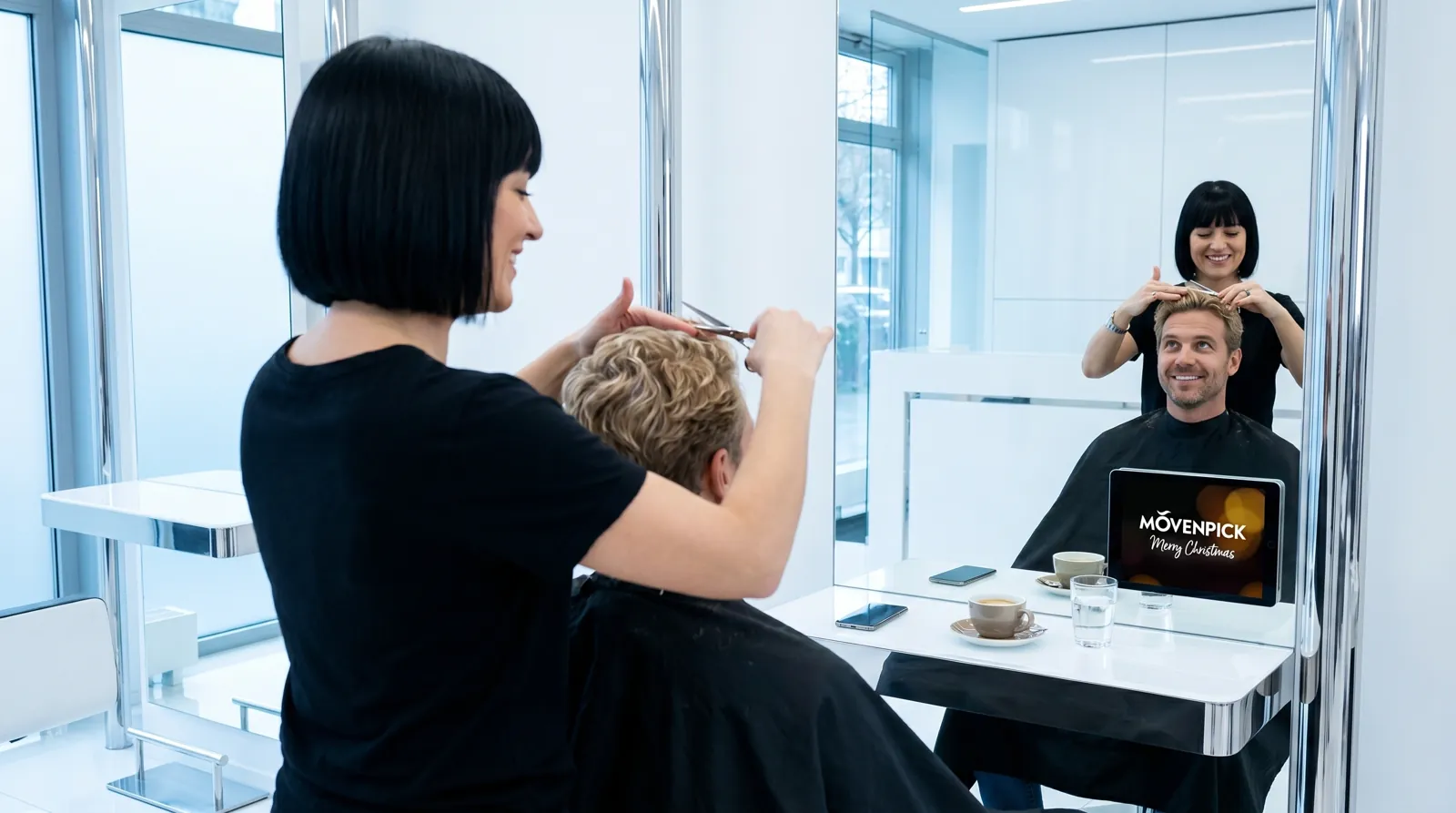 Mann, 50 im Coiffeursalon, auf dem Screen der Spot von Froneri / Mövenpick