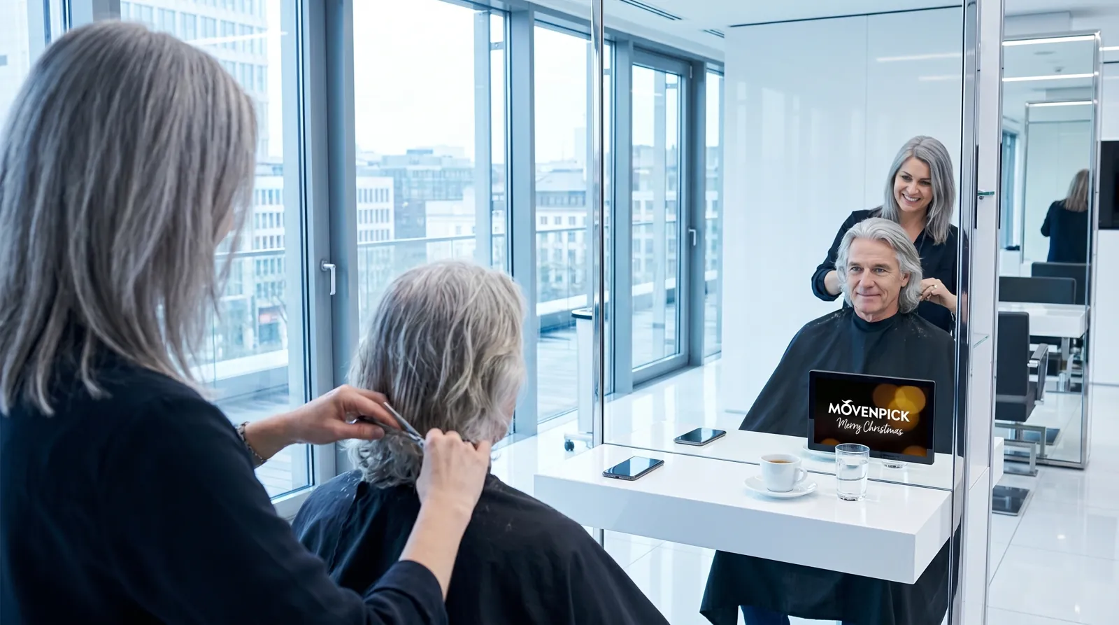 Mann, 60 im Coiffeursalon, auf dem Screen der Spot von Froneri / Mövenpick