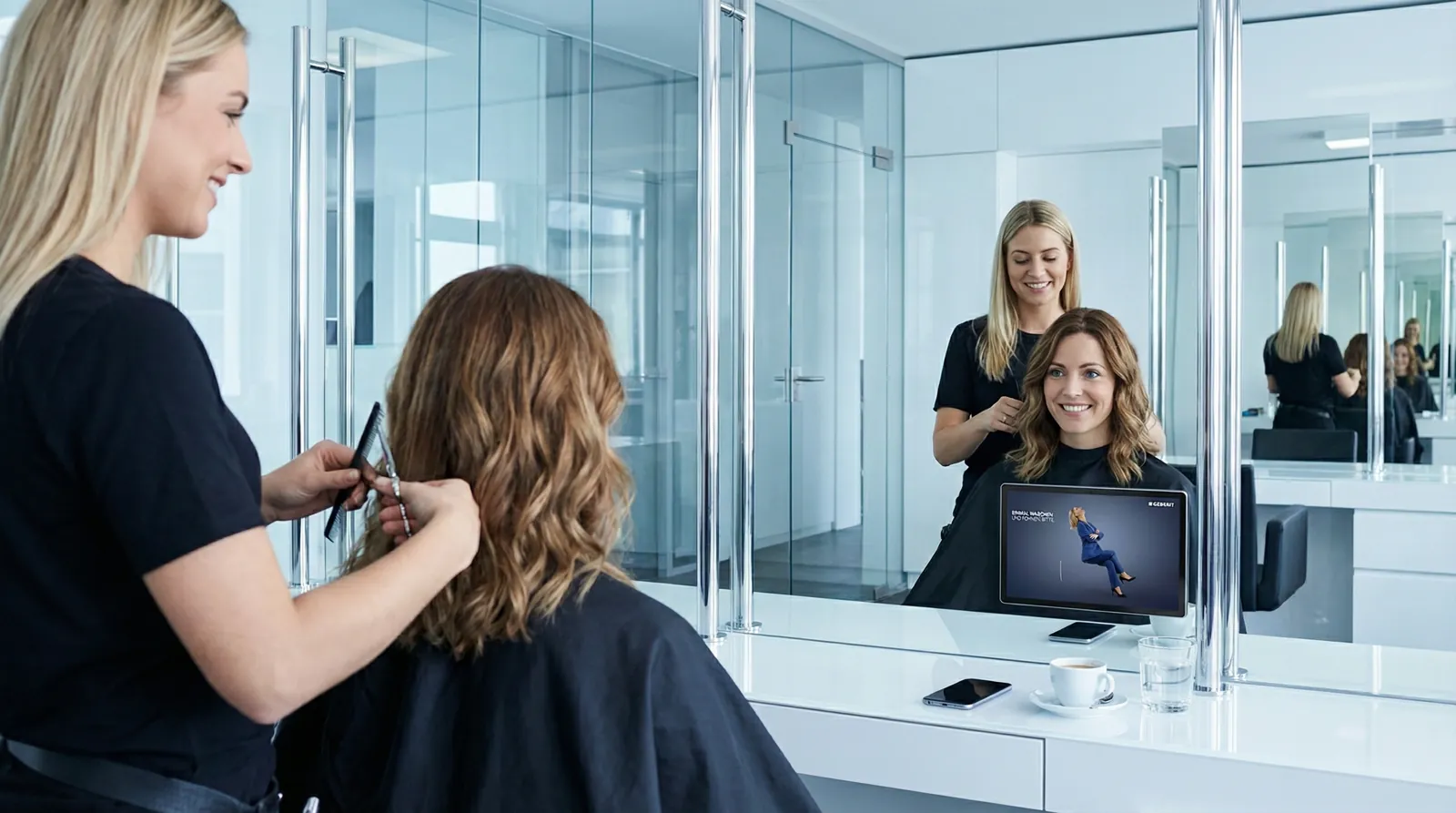 Frau, 20 im Coiffeursalon, auf dem Screen der Spot von Geberit