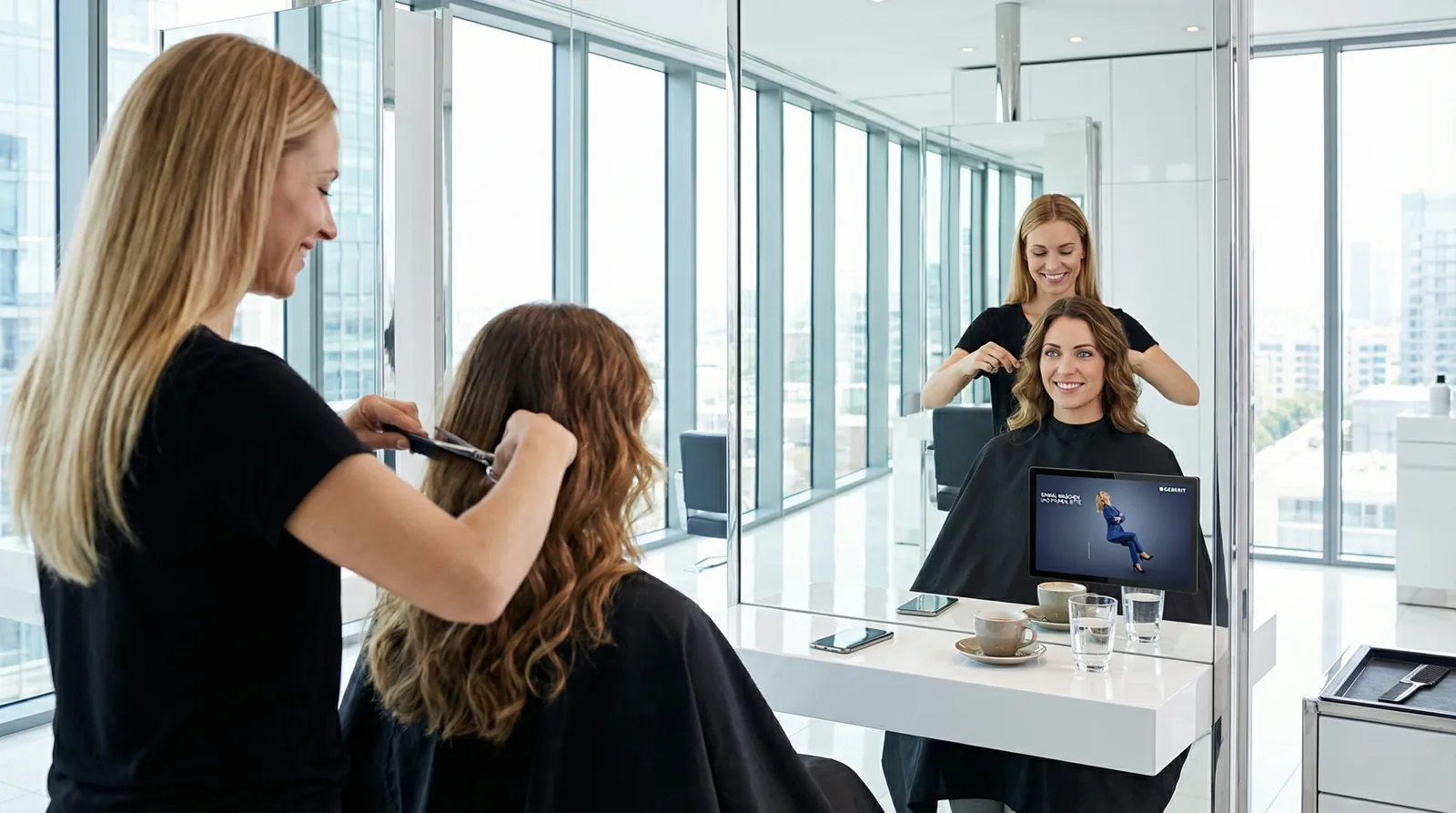 Frau, 30 im Coiffeursalon, auf dem Screen der Spot von Geberit
