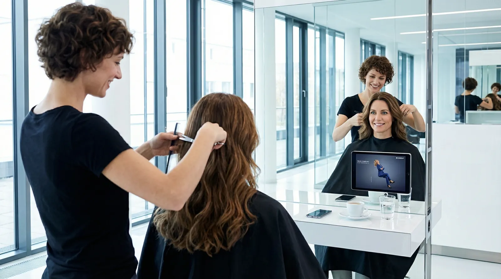 Frau, 40 im Coiffeursalon, auf dem Screen der Spot von Geberit
